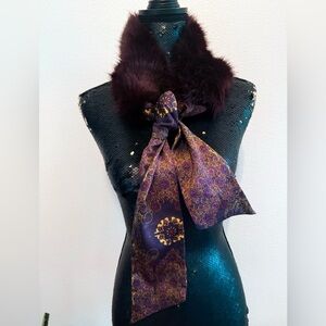 Signature Plum Lush Faux Fur Collar Stole Scarf With  Patterned Silky Tie